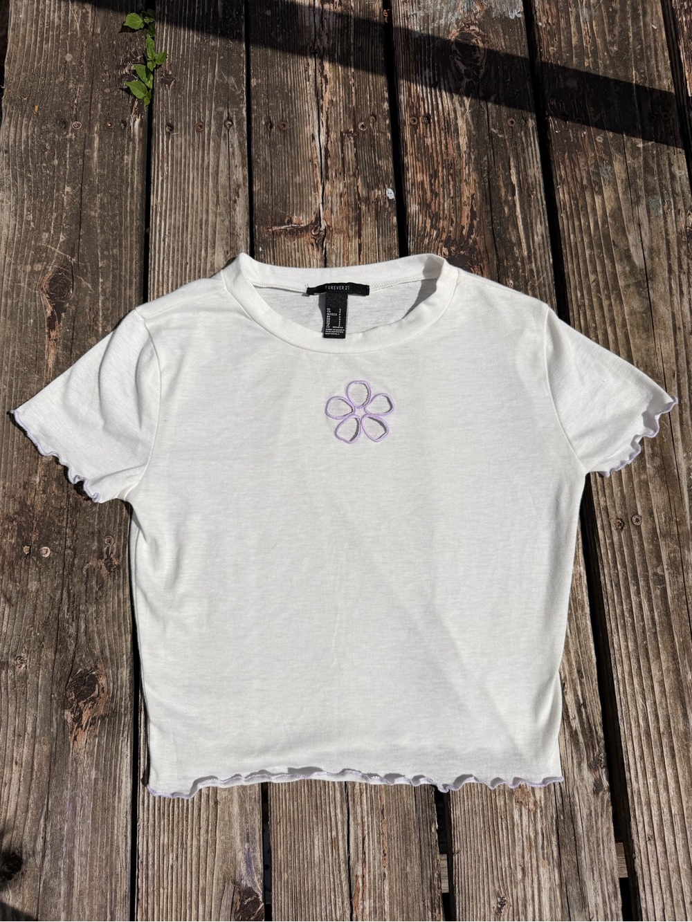 Forever 21 White Tee | Purple Embroidered Flower Crop Top